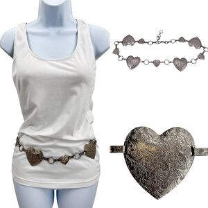 Silver Toned Etched Heart Low Slung Hip Chain Belt 90's Y2K